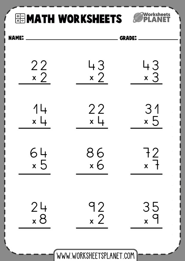 1 Digit X 2 Digit Multiplication Worksheets