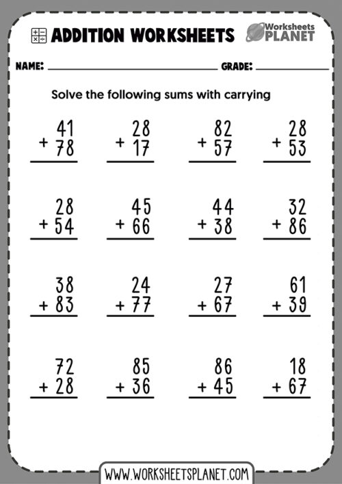 2 Digit Addition Worksheets with Carrying