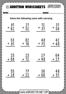 2 Digit Addition Worksheets with Carrying