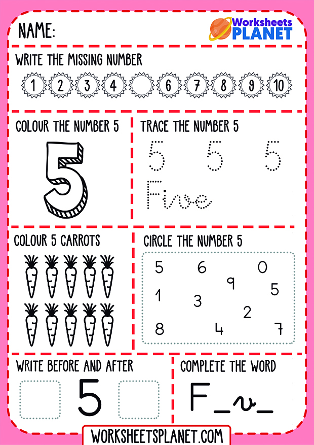 Learning Numbers Five Worksheet