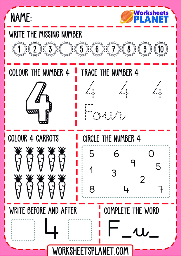 Learning Numbers Four Worksheet