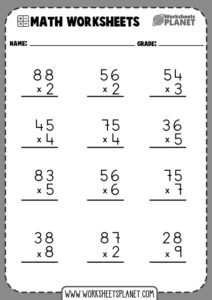 1-Digit x 2-Digit Multiplication Worksheets