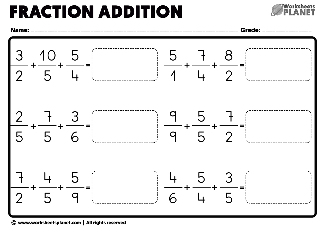 Adding 3 Fractions With Unlike Denominators Worksheets