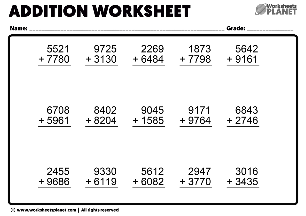 Grade 4 Math Worksheet Addition Adding 4 Digit Numbers In Columns K5 Learning 4 Digit Plus 4