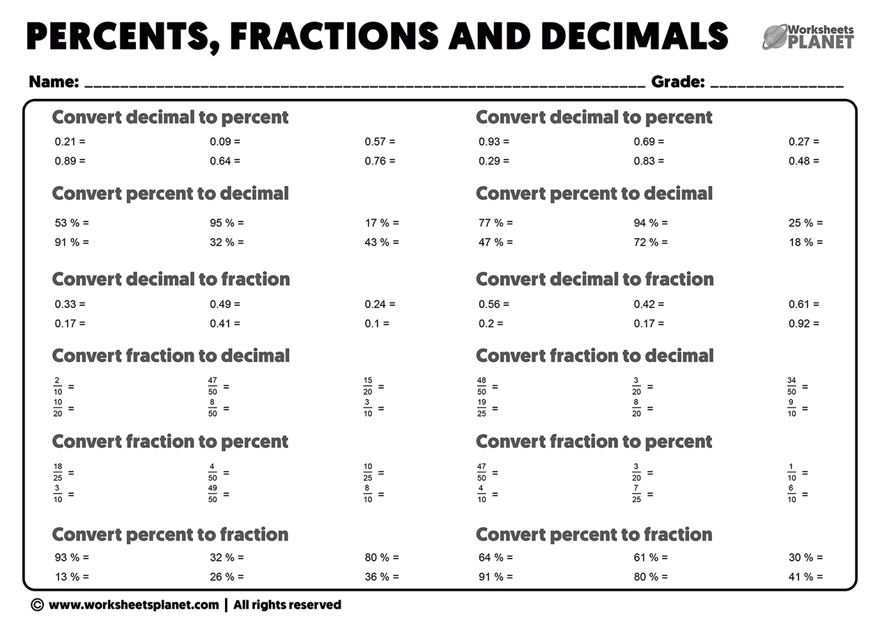 Percent To Fraction Worksheets