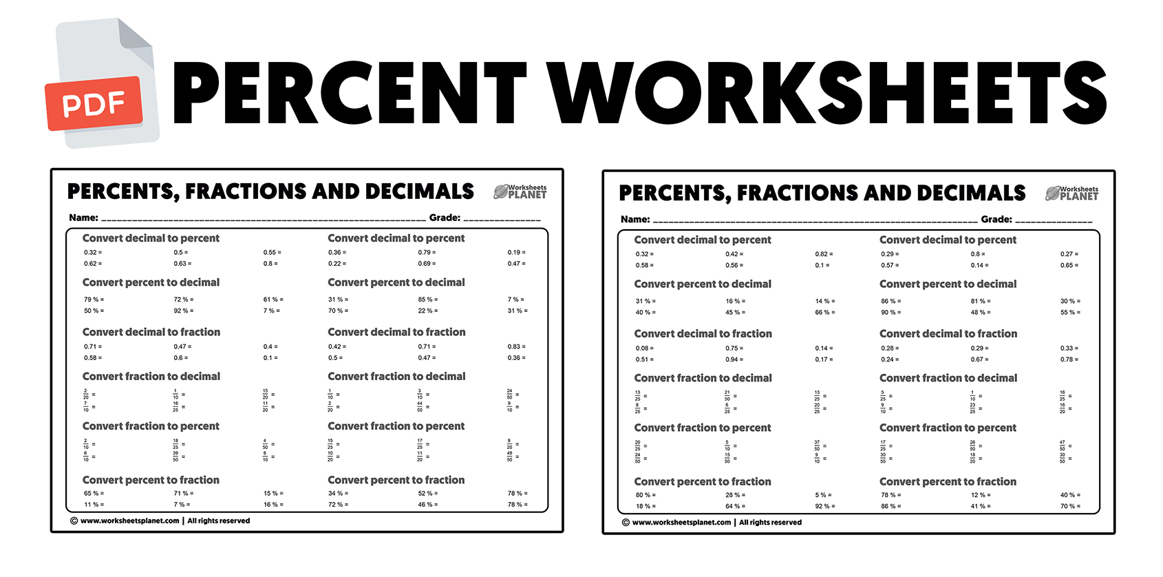Math Worksheets Fractions Decimals And Percents