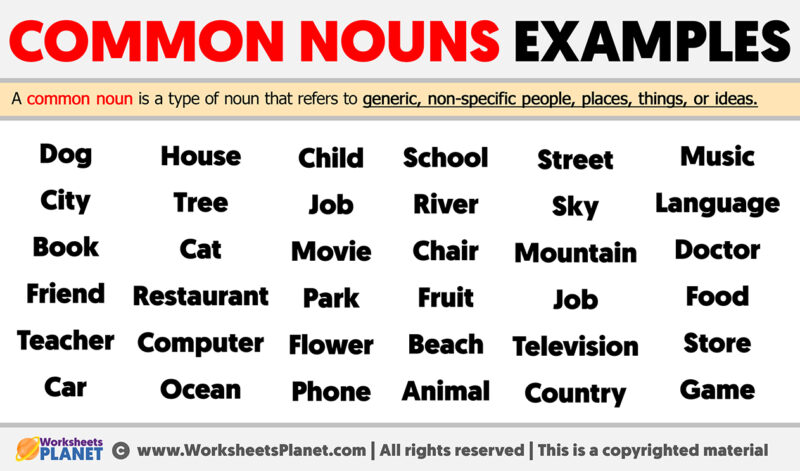 what are 5 examples of common nouns